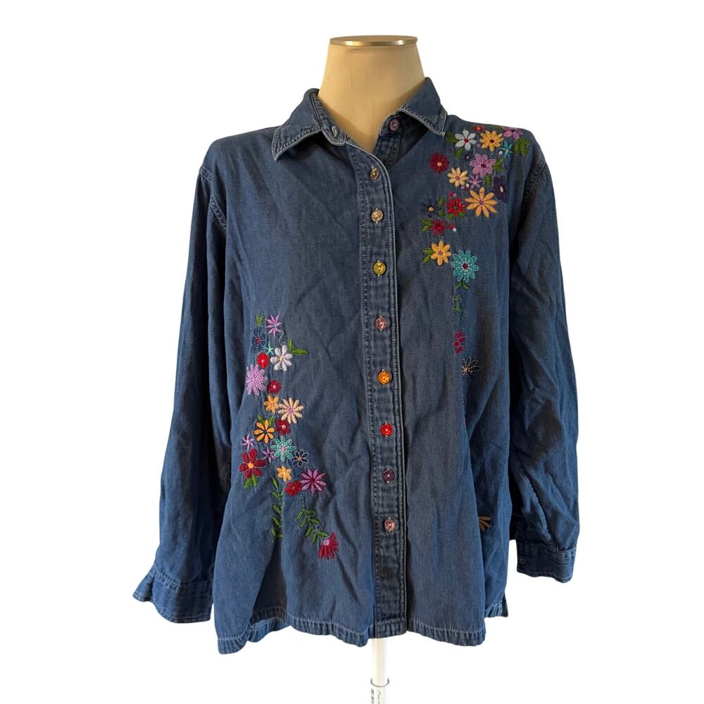 VTG Y2K 2000s Floral Embroidered Denim Shirt XL Cottagecore Granny Crunchy